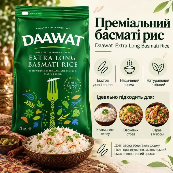 Рис басматі екстрадовгий Daawat Green Extra Long 5 кг 8719632250050 фото