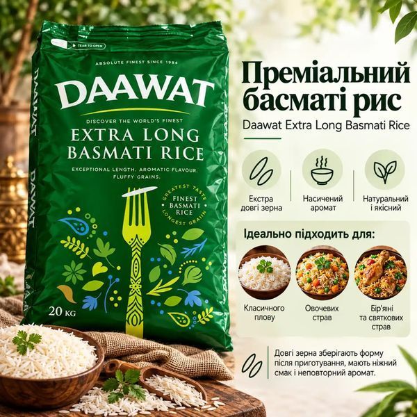 Рис басматі екстрадовгий Daawat Green Extra Long 20 кг 8719632250074 фото