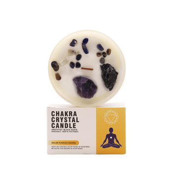 Свічка соєва з камінням Chakra Сонячне сплетіння дерев'яний гніт 360г 6437155 фото